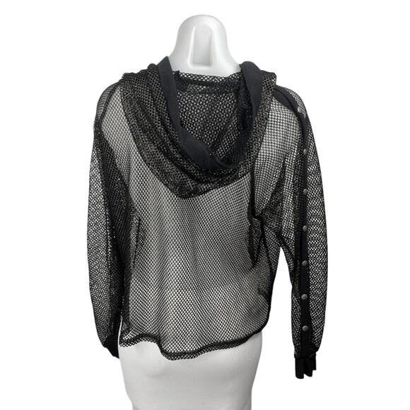 Love J Women's Black Fish Net Snap Button Long Sleeve Sheer Hoodie Cover Up Sz L - Picture 2 of 5